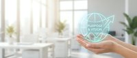 Young woman holding glowing globe with purpose and vision arrow icon in modern office workspace with natural light and plants for business growth concept.