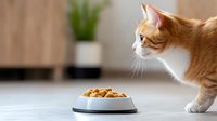 Ginger and white cat sniffing food in white bowl on light surface. Blurred wooden background with houseplant creates cozy home atmosphere.