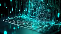 Glowing cyan digital particles cascade over computer keyboard in dark background, creating futuristic technology visualization effect for cybersecurity concepts.