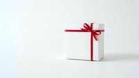 White gift box with red ribbon bow on neutral background, suitable for holiday promotions, e-commerce, and festive marketing materials.