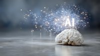Conceptual representation of artificial intelligence with human brain model and glowing AI text surrounded by digital network particles on misty surface.