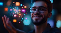 Man with glasses interacting with glowing digital particles and light effects, representing technology, innovation, and data visualization for digital transformation concepts.