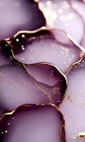 Luxurious purple and gold abstract fluid art with glitter effect. Elegant marble texture featuring flowing lines and sparkling details on dark plum background.