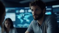 Bearded Caucasian man in gray shirt looking concerned in high-tech control room with digital world map displays and monitors in background.