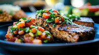 Grilled steak topped with fresh colorful pico de gallo salsa on dark plate, close up view showing juicy meat texture and vibrant chopped vegetables.