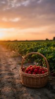 Fresh strawberries in wicker basket at sunset on farm field with golden sky and green plants creating warm agricultural harvest scene.