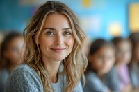 Young Caucasian woman with blonde wavy hair and natural makeup smiling warmly at camera, wearing grey sweater against blurred background in office or classroom setting.
