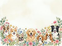 Adorable dogs of different breeds surrounded by colorful floral border with roses and greenery on light background for pet lover designs.