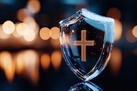 Shield with religious cross symbol on dark background with bokeh lights, spiritual protection concept representing faith and divine defense.