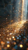 Magical golden light rays shine through sparkling bokeh particles against dark background, creating ethereal atmosphere with glowing sparkles and floating dust.