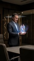 Mature businessman in suit holding holographic family projection in modern office, showcasing future technology and digital innovation concepts.