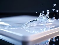 Clear water drop crown splash formation on white surface captured in macro photography with soft focus background and dynamic liquid motion effect.
