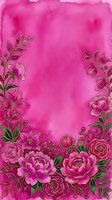 Vibrant pink watercolor floral frame with roses, peonies, and green leaves, featuring golden outlines and a textured magenta background with copy space.