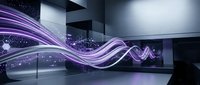 Futuristic purple energy waves flowing through modern digital space with glowing particles and sleek architectural elements for technology concepts.