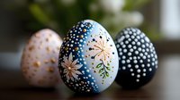 Decorative Easter eggs with delicate dot patterns and floral designs in blue, black and pink colors. Hand-painted traditional holiday decoration on natural eggshells.