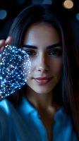 Young woman with glowing digital network sphere projection near face, dark background with bokeh lights, wearing blue attire. Futuristic technology concept.