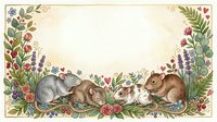 Watercolor floral frame with cute mice family surrounded by roses, hearts and wildflowers, copy space for text, greeting card design.