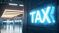 Glowing blue neon tax sign on dark wall with fluorescent lights reflection in modern office corridor, financial business concept for accounting and taxation.