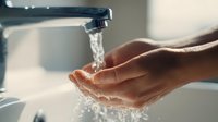 Hands cupped under running water from modern faucet in bathroom sink for hygiene and cleanliness routine.