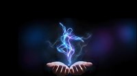 Glowing blue energy figure dancing above open palms against dark background. Mystical light effect with ethereal smoke trails for spiritual concepts.