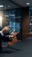 Businessman in dark suit interacting with holographic digital interface displaying data analytics and network connections in modern office with city skyline view.