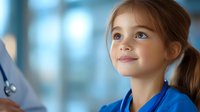Young girl with ponytail and bright blue eyes smiling while looking up during medical checkup visit, wearing casual clothes against blurred hospital background with doctor.