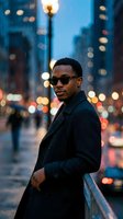 Man wearing sunglasses and dark coat standing on urban street at dusk with blurred city lights and buildings in background. Suitable for lifestyle, fashion, and urban themes.