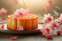 Traditional mooncake with ornate pattern served on wooden plate surrounded by delicate pink cherry blossoms creating atmospheric Asian festive composition.