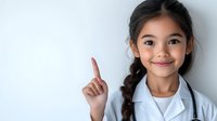 Young Asian girl wearing doctor coat and stethoscope points finger up with cheerful smile against white background, representing future medical professional or healthcare.