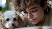 Young woman with curly hair and glasses cuddling small white fluffy dog in cozy indoor setting. Pet owner bonding moment with adorable companion animal.