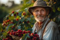 Senior Caucasian farmer with gray beard wearing hat harvests fresh red raspberries in woven basket during golden hour, surrounded by ripe berry bushes in garden.