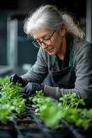 Senior woman with gray hair and glasses carefully tending to young green seedlings in greenhouse, wearing apron and gloves for organic gardening and plant cultivation.