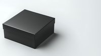 Black square gift box with lid on white background, minimalist packaging mockup for luxury product presentation and branding design projects.