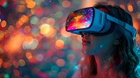 Young woman wearing virtual reality headset against colorful bokeh background with neon lighting, expressing wonder and amazement in futuristic gaming setup.