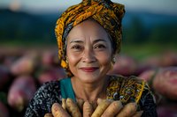 Mature Asian woman wearing traditional yellow headwrap and holding fresh ginger roots, smiling warmly at camera against blurred agricultural background. For food, culture and farming concepts.
