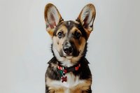 Adorable German Shepherd mix puppy with distinctive pointed ears and tri-colored coat wearing festive red collar with bell against light background, looking directly at camera.