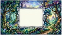 Enchanted forest frame with magical trees, mystical pathway and fairy tale castle in background. Fantasy border design for storytelling and creative projects.