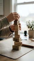 Person stacking wooden blocks on desk in bright office space representing business growth strategy and goal achievement concepts.