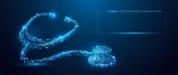 Digital stethoscope with glowing blue wireframe design on dark background. Modern medical technology concept for healthcare innovation and telemedicine applications.