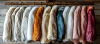 Colorful collection of luxury faux fur coats hanging on wooden wall. Fashion retail display showcasing soft textured winter outerwear in white, orange, blue, and pink tones.