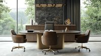 Modern executive office interior with round wooden table, brown leather chairs, and panoramic forest view through large windows. Luxurious workspace design with marble wall accent.
