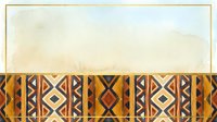 Watercolor tribal ethnic banner with geometric ornament in warm earth tones, gold frame, and copy space for text or branding.
