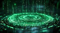 Glowing green digital spiral pattern with falling matrix code streams creates futuristic cyber technology atmosphere against dark background.