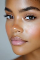 Close-up portrait of young African American woman with flawless glowing skin, natural makeup, long eyelashes and glossy pink lips against light background.