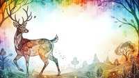 Majestic deer silhouette with antlers in colorful rainbow watercolor landscape with trees and birds for nature design projects.