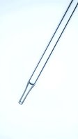 Pair of medical glass pipettes with rounded bulb and tapered tip on white background, suitable for laboratory and scientific applications.