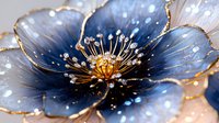 Macro view of navy blue flower with golden edges and crystal details on petals, sparkling with dew drops against soft blurred background. For luxury decor and design.