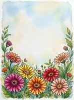Watercolor floral border with colorful gerbera daisies and green leaves, soft pastel background with copy space for text or greeting cards.