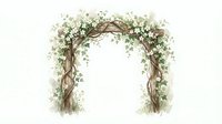 Rustic wooden arch decorated with climbing ivy and white flowers, isolated on white background for wedding invitations, event design, and decorative overlays.