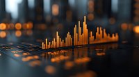 Orange glowing audio waveform visualization with digital equalizer bars on dark background, modern music technology concept for sound production and mixing.